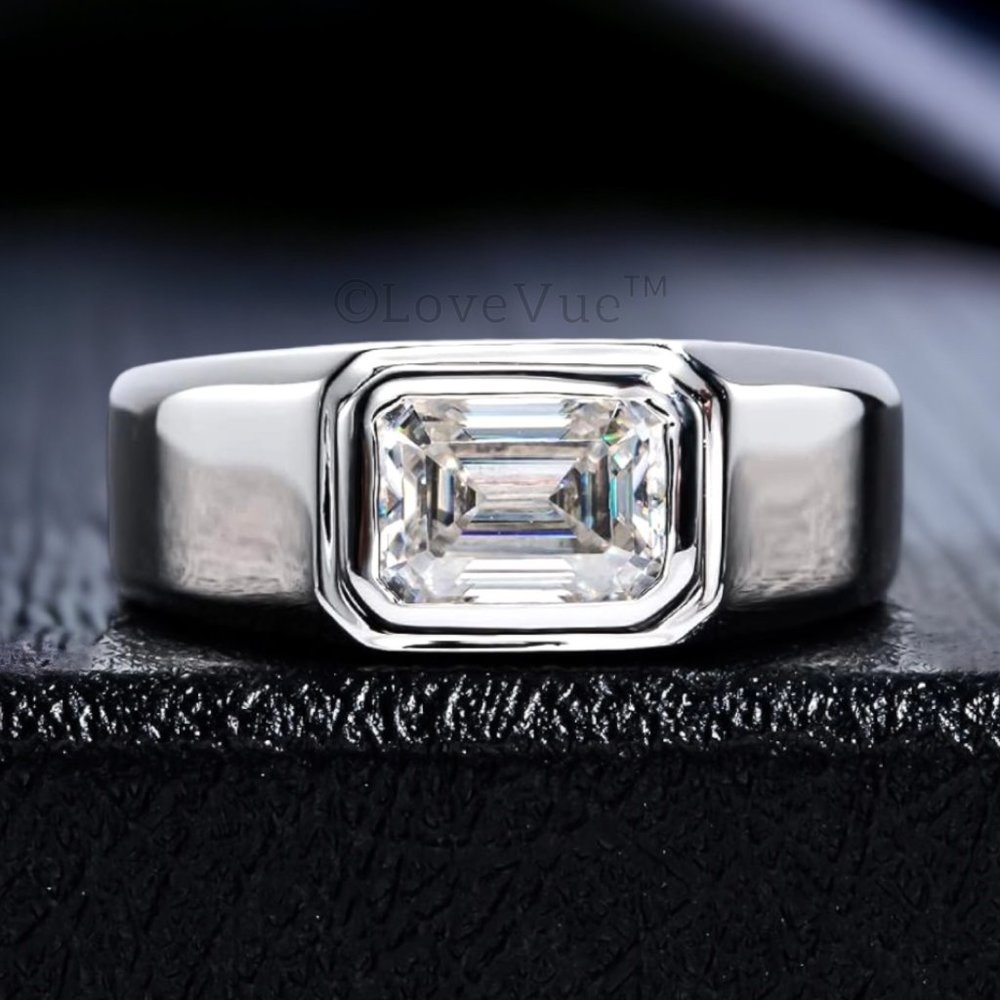 Certified 2ct. t.w. Emerald Cut Diamond Moissanite Unisex Wedding Ring VVS1 - Picture 4 of 16